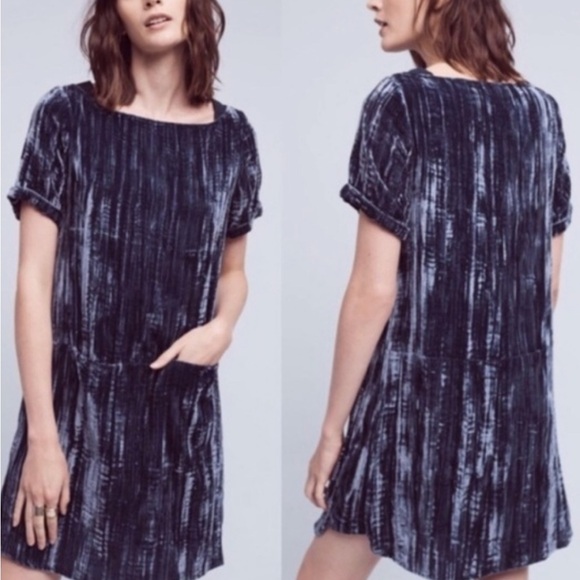 Anthropologie Midnight Blue Crushed Velvet Shift Dress - Picture 1 of 4